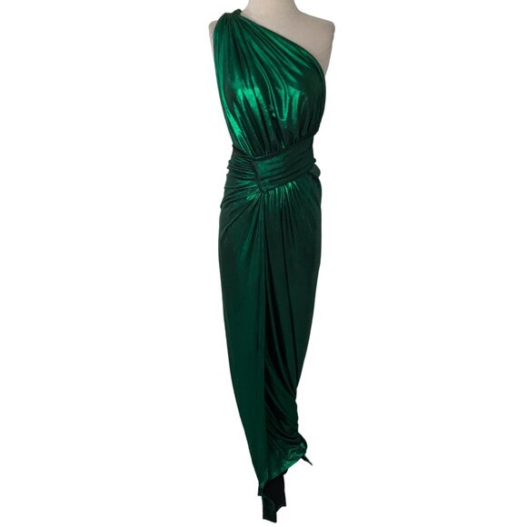 Green Asymmetrical Ruched One Shoulder Gown - Picture 5 of 15